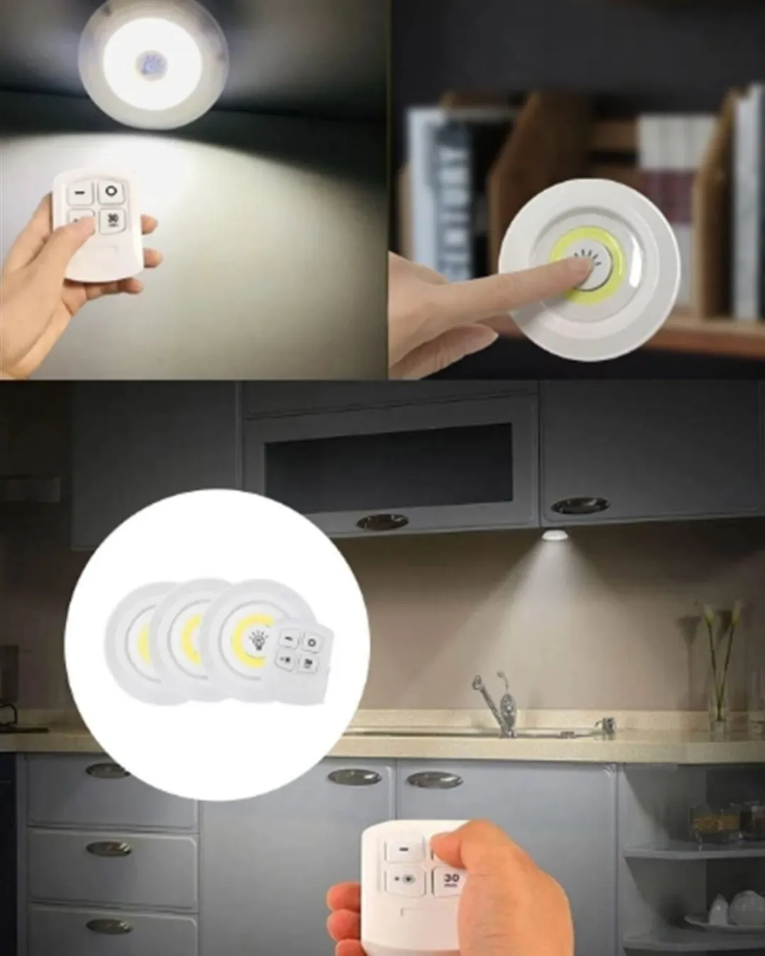 Uzaktan Kumanda İle Kontrol Edilebilen Yapışkanlı 3 Lü Kablosuz Led Spot Lamba