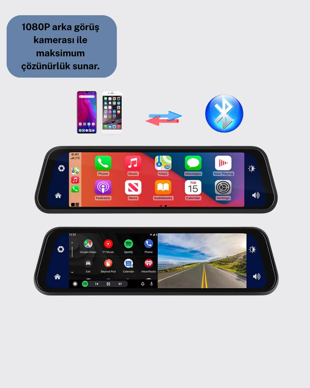 1080P Çift Kameralı Dokunmatik Dikiz Aynası G Sensörlü