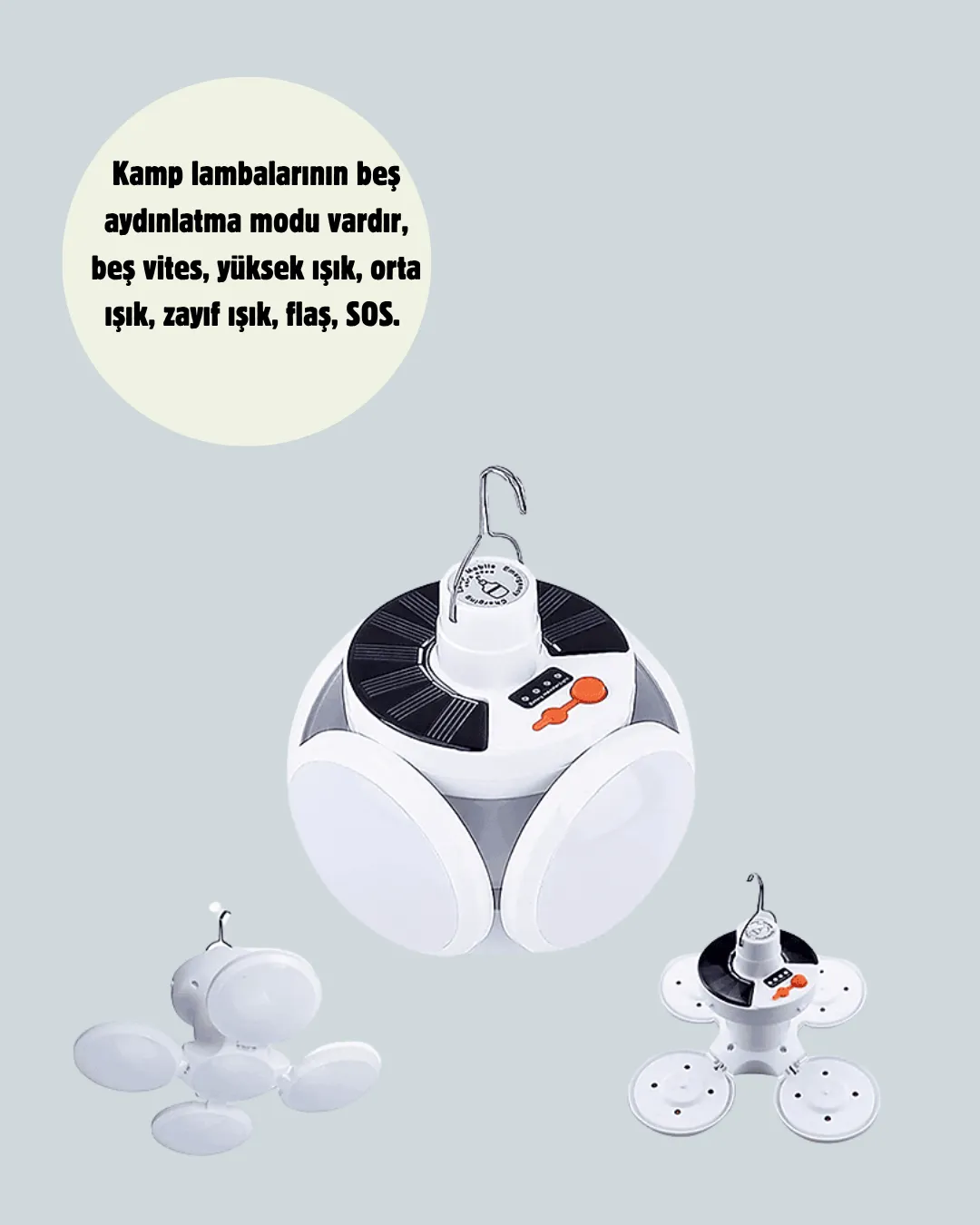 Güneş Paneliyle Şarj Olan Katlanabilir LED Çadır Lambası – 5 Kademeli Aydınlatma