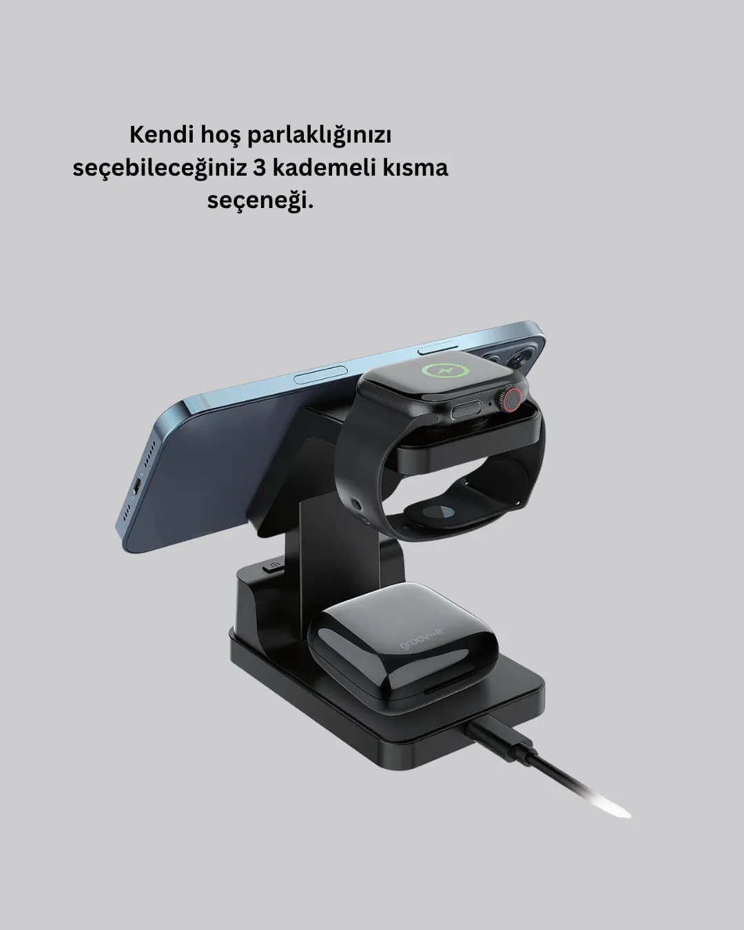 4’ü 1 Arada Kablosuz Şarj İstasyonu – LED Saat Ekranlı, Apple Uyumlu, Akıllı Güvenlik Koruması