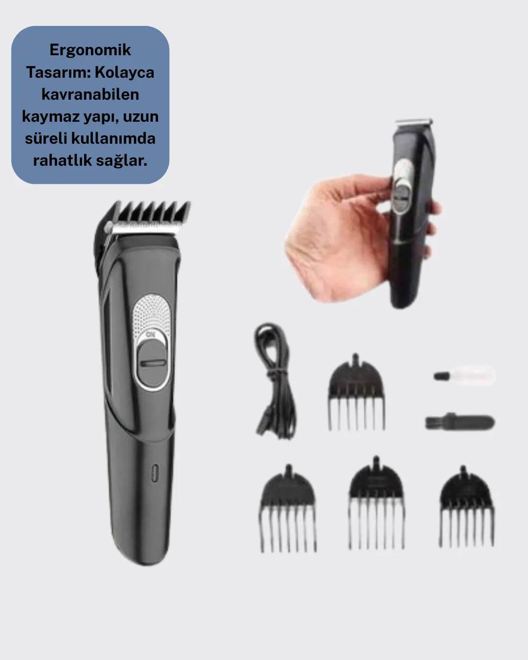 Kablosuz, Paslanmaz Çelik Bıçaklı Profesyonel Saç ve Sakal Tıraş Makinesi – Sessiz, Güçlü ve Ergonomik