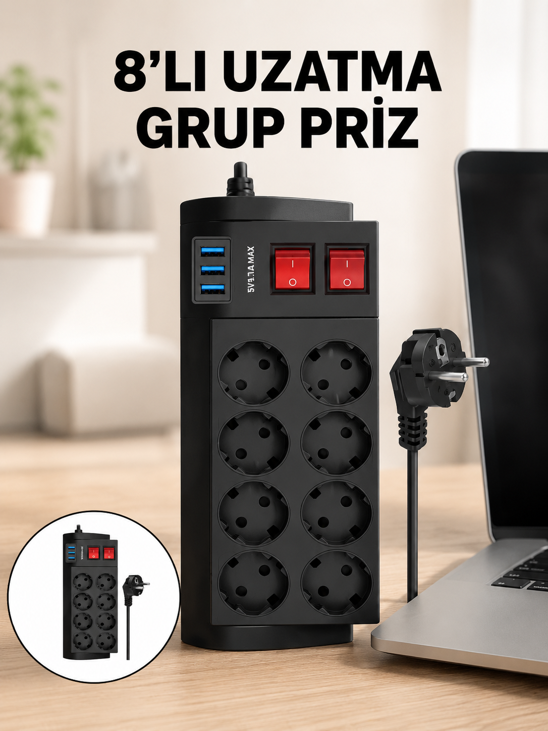 2 Metre Güçlü Çoklu Priz 8 Soket