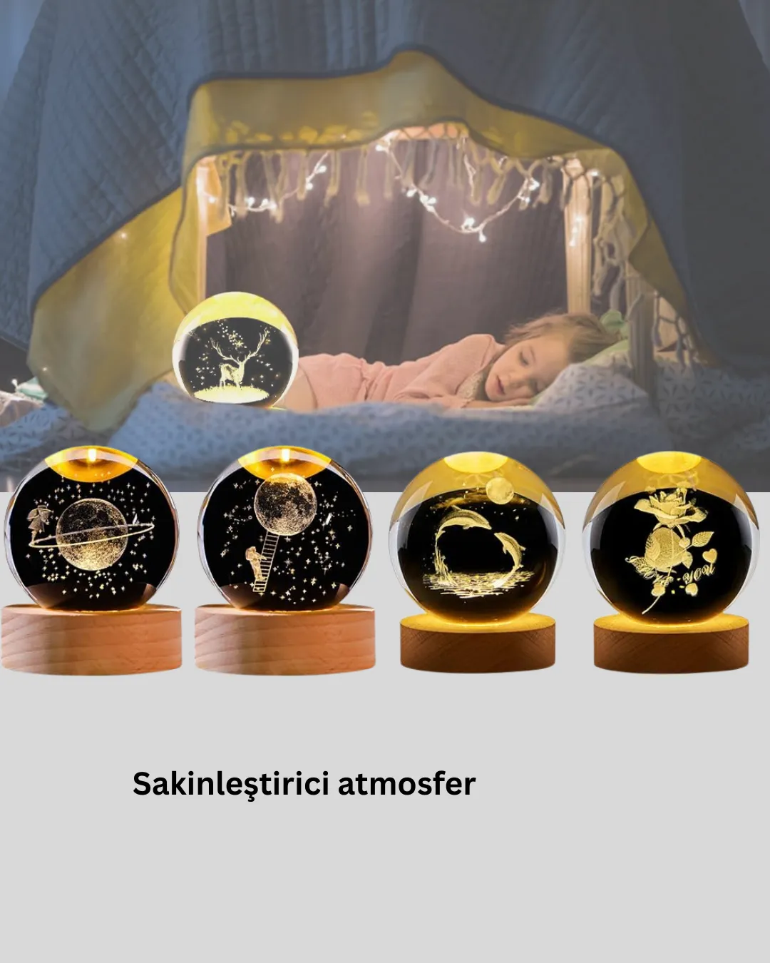 3D Geyik Desenli Kristal Küre USB Işıklı Ahşap Tabanlı Oda Lambası