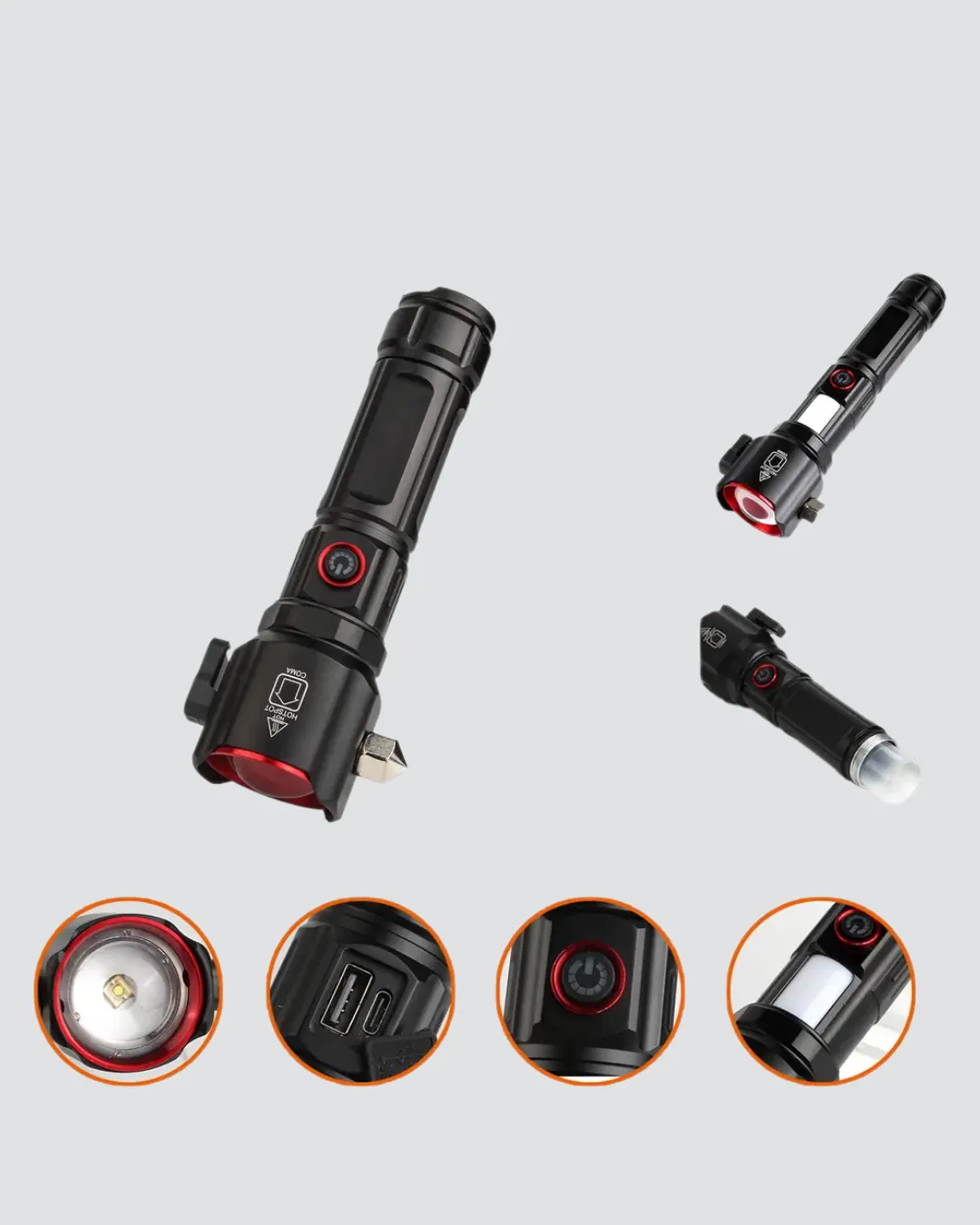 Çekiçli Pusulalı Acil Durum Feneri USB Şarjlı Çok Fonksiyonlu