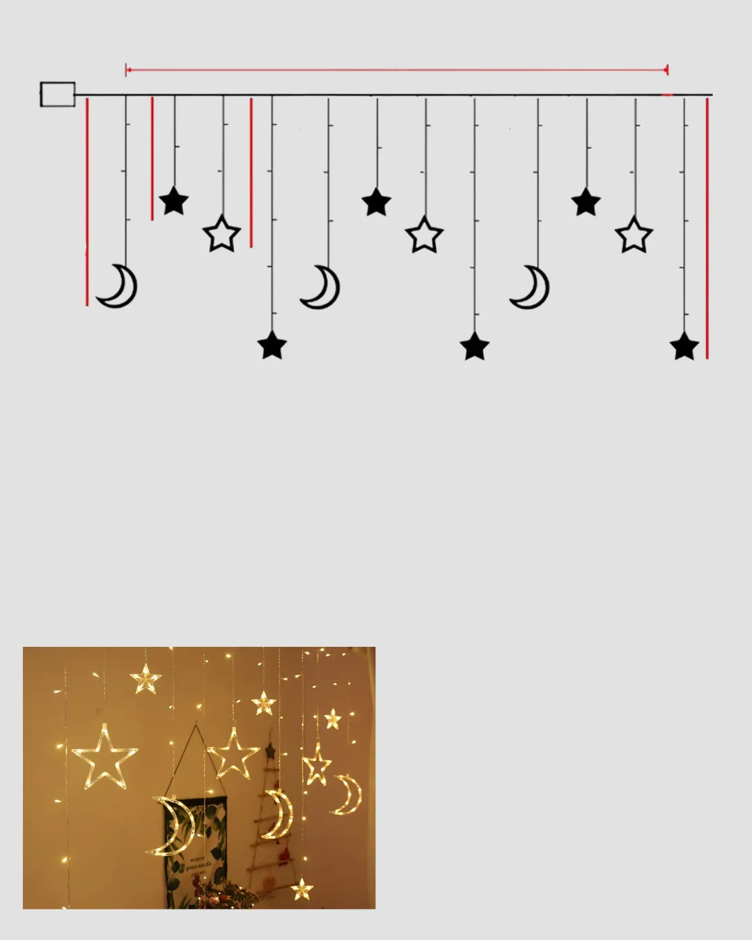 Prizli Yıldız Ay Perde LED Işık Ev ve Organizasyon Dekoru