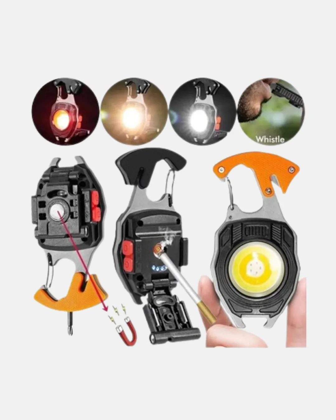 Mini LED Anahtarlık Fener – Şişe Açacağı, Tornavida, Düdük ve USB Şarj Özellikli