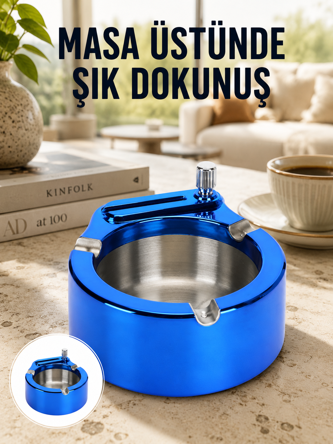 Masa Üstü Çakmaklı Küllük Paslanmaz Metal Gövde