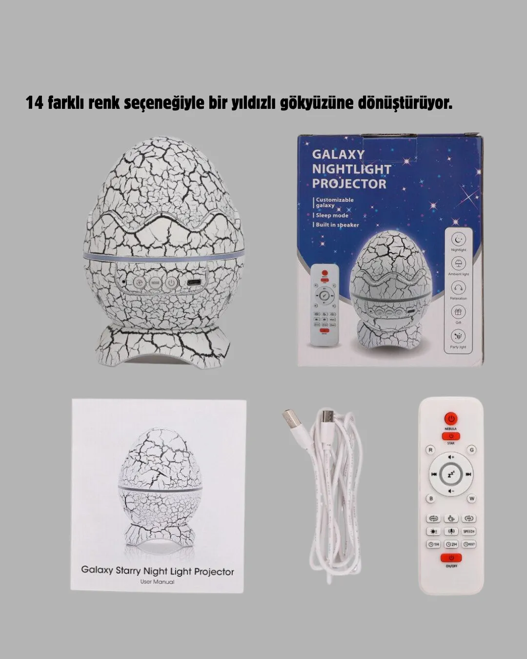 Dinozor Yumurta Gece Lambası Projektör – 14 Renk Seçeneği