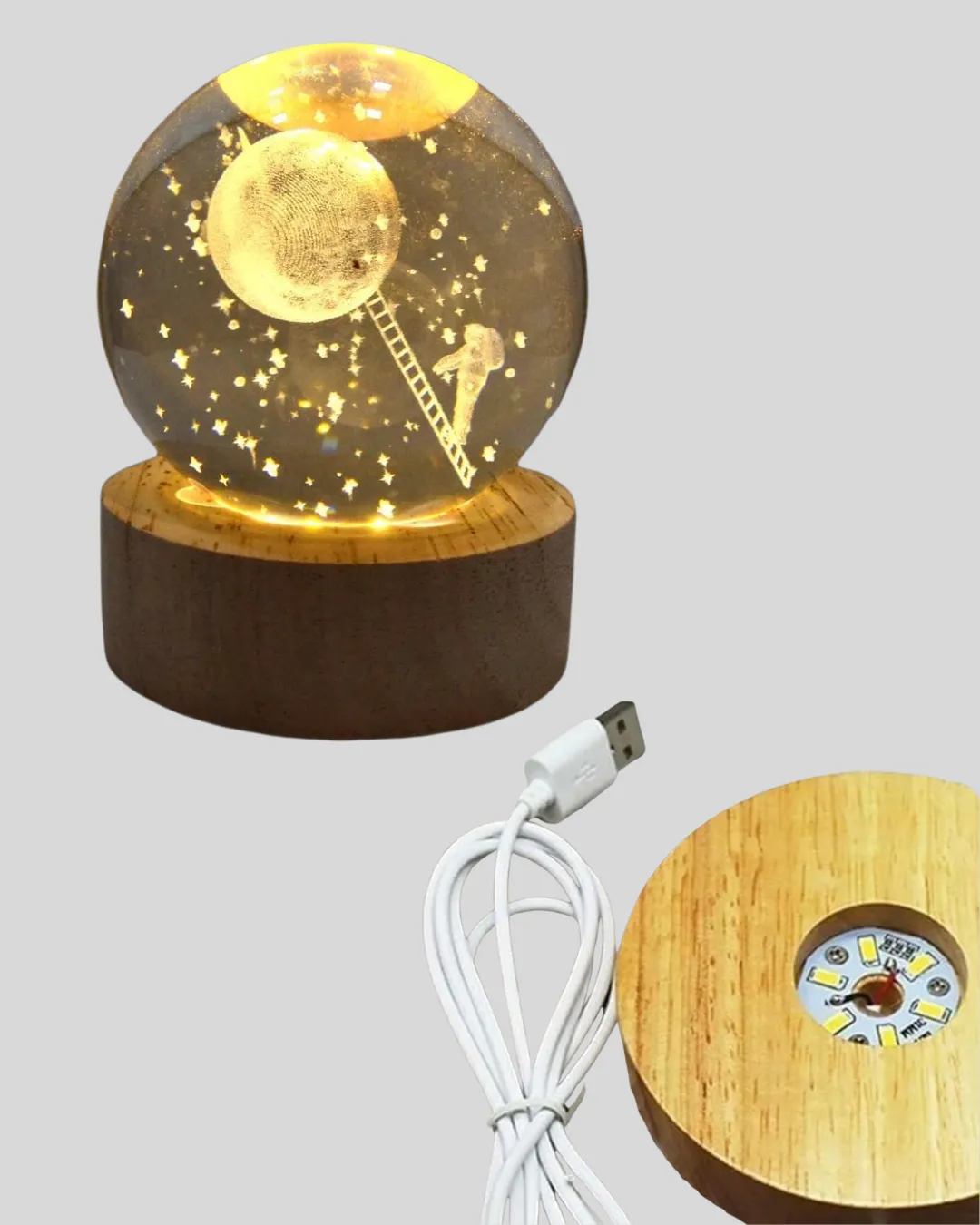 5 cm 3D Kristal Astronot Küre Lamba – Dekoratif LED Işıklı Ahşap Stand