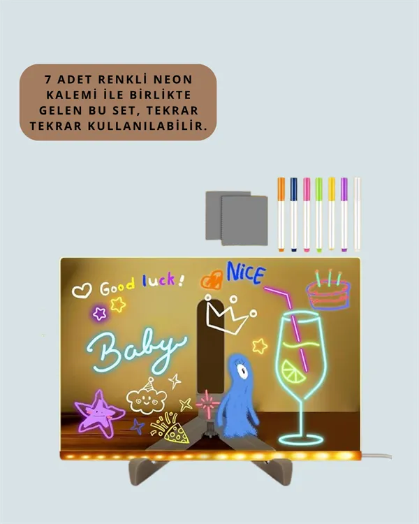 LED Aydınlatmalı Şeffaf Mesaj Tahtası – 30x20 cm, Neon Etkili Yazılar İçin Tasarlandı
