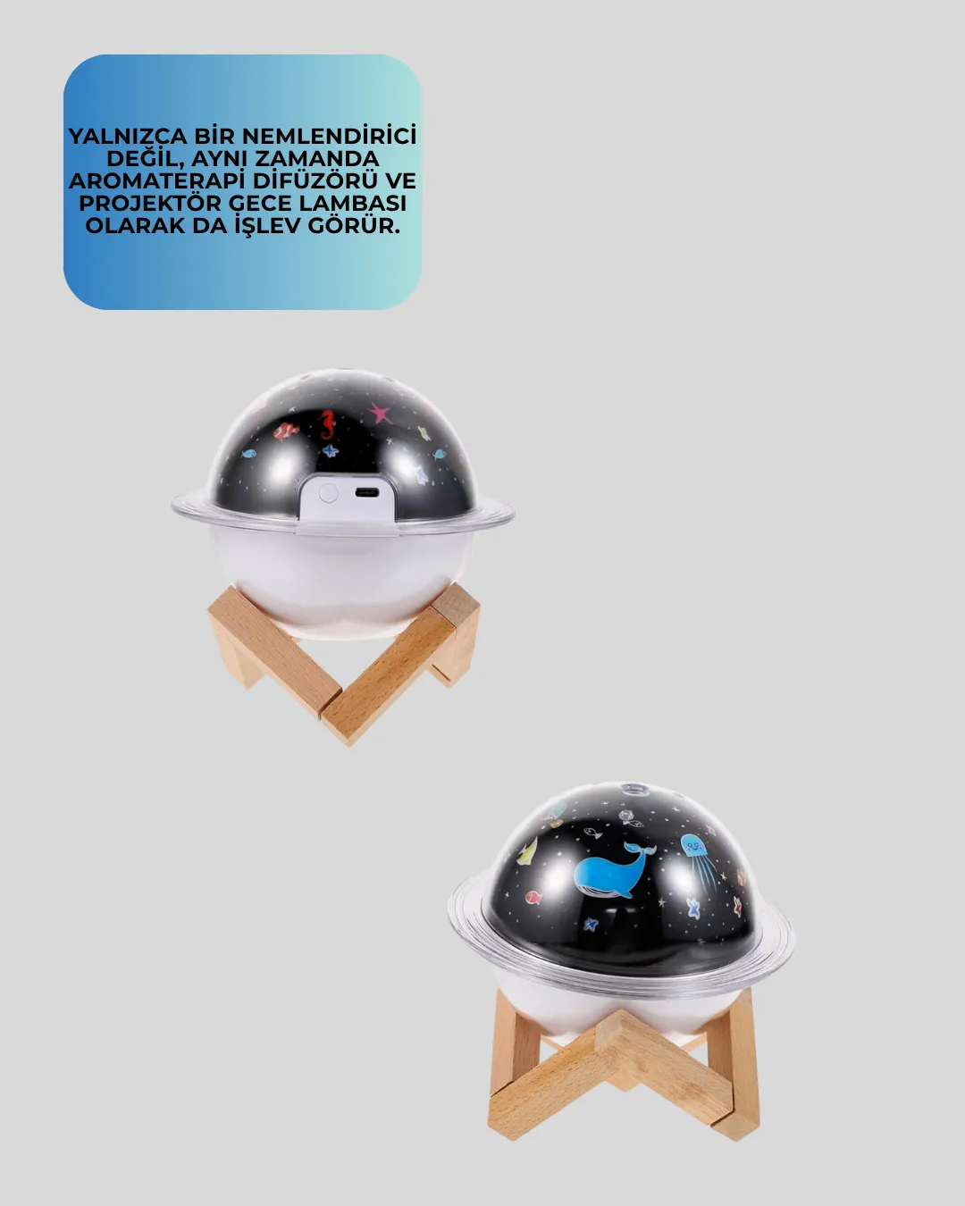 Projektör ışıklı ve aromaterapi destekli taşınabilir nemlendirici cihaz USB bağlantılı