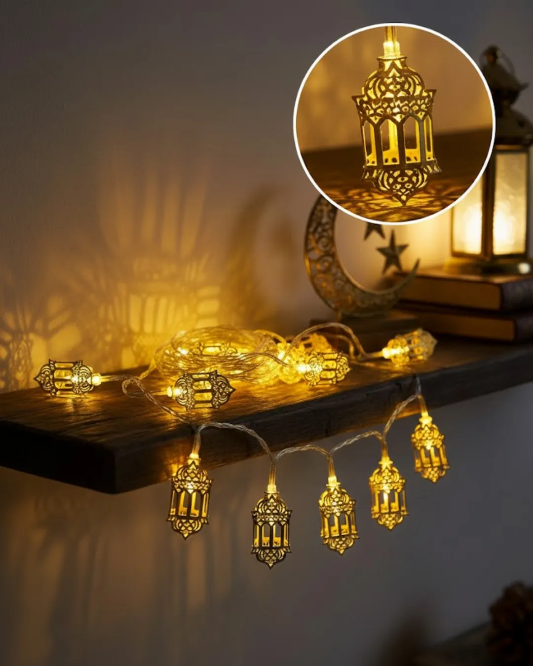 Ramazan Işıkları Pilli Altın Fener Tasarımlı Dekoratif LED Aydınlatma