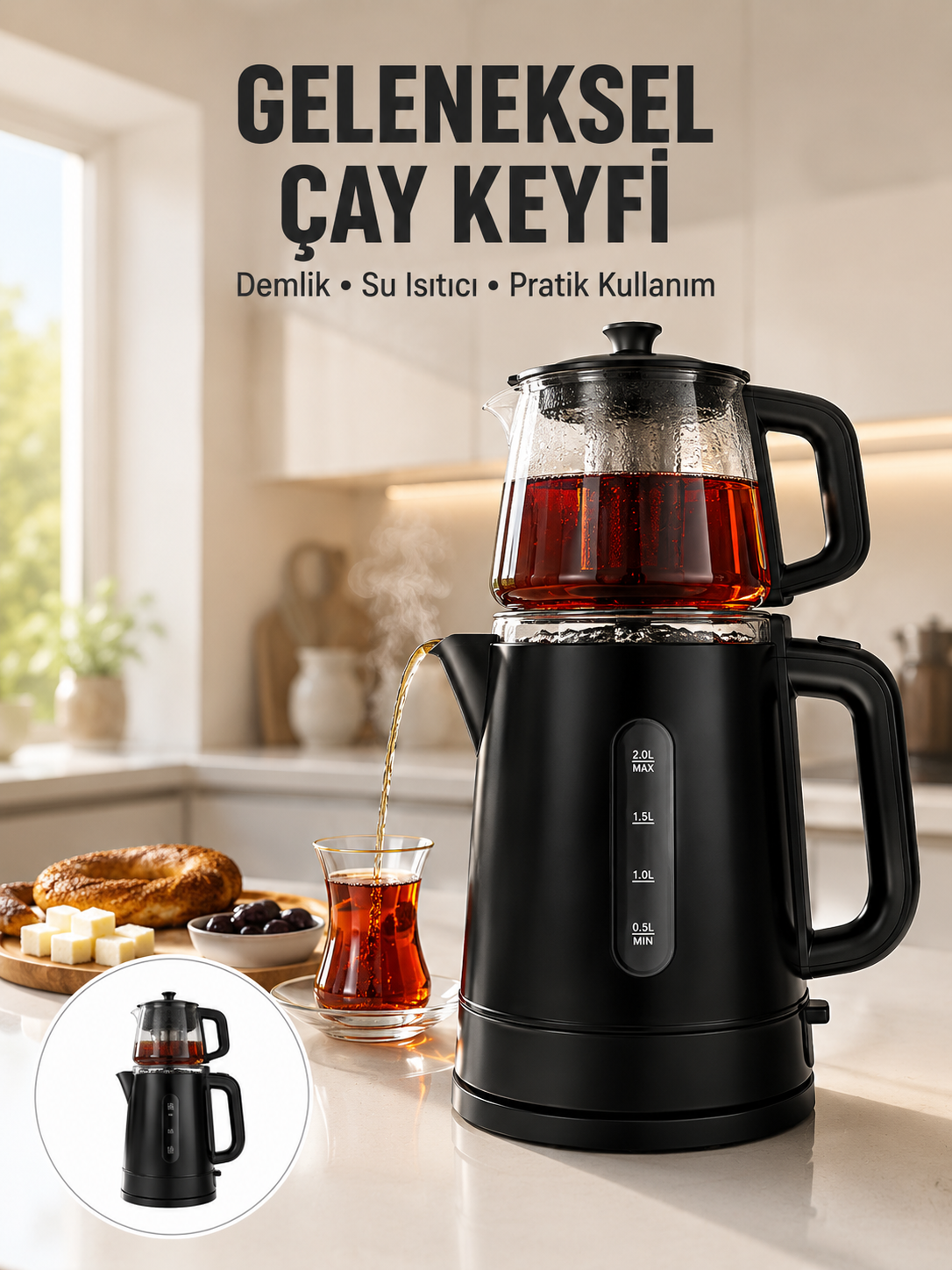 0,9 L Cam Demlik ve 1,7 L Su Haznesi ile Çay Keyfi
