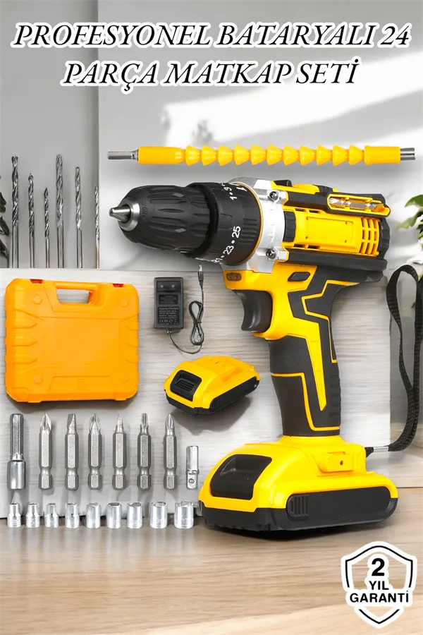 24 Parça Çift Bataryalı Şarjlı Matkap Seti 24W Motor ve Otomatik Mil Kilitli Tasarım