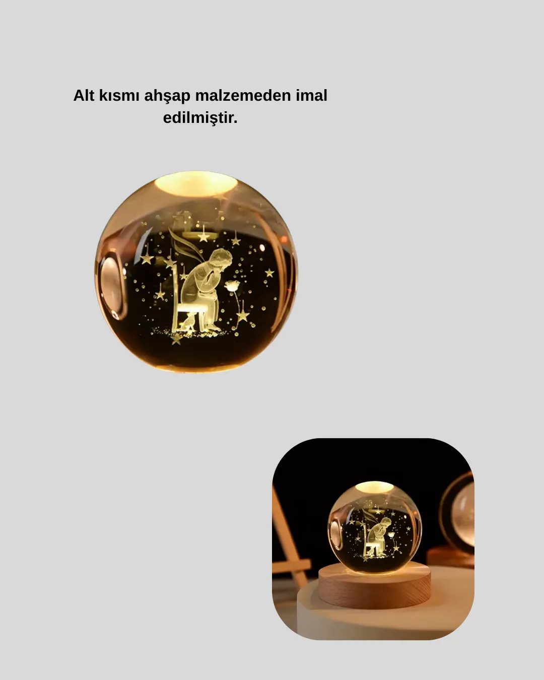 Küçük Prens Temalı Büyük Boy Işıklı Cam Küre Ahşap Stand