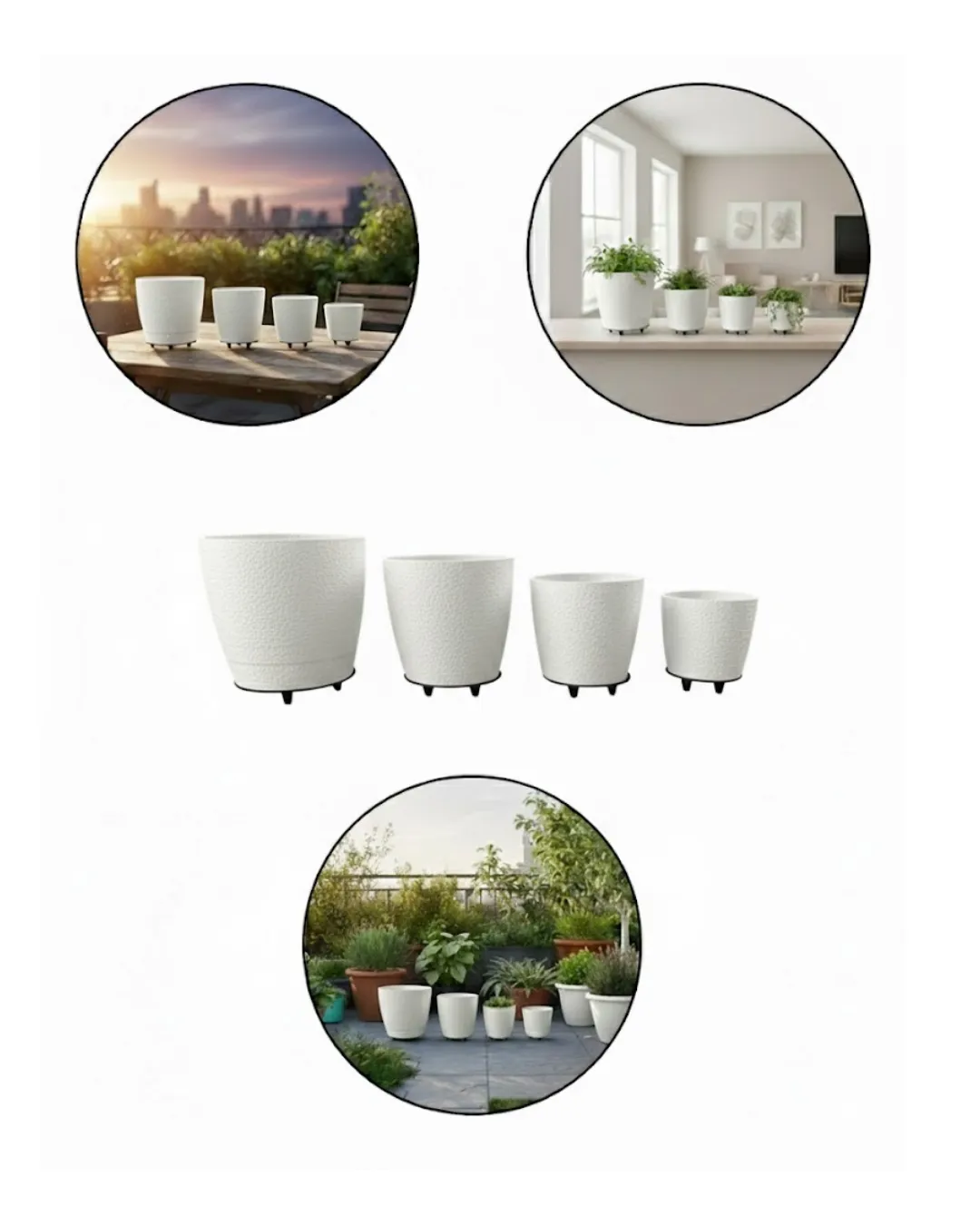 4’lü 3D Şık Beyaz Saksı Seti Modern Ayaklı Dekoratif Vazo