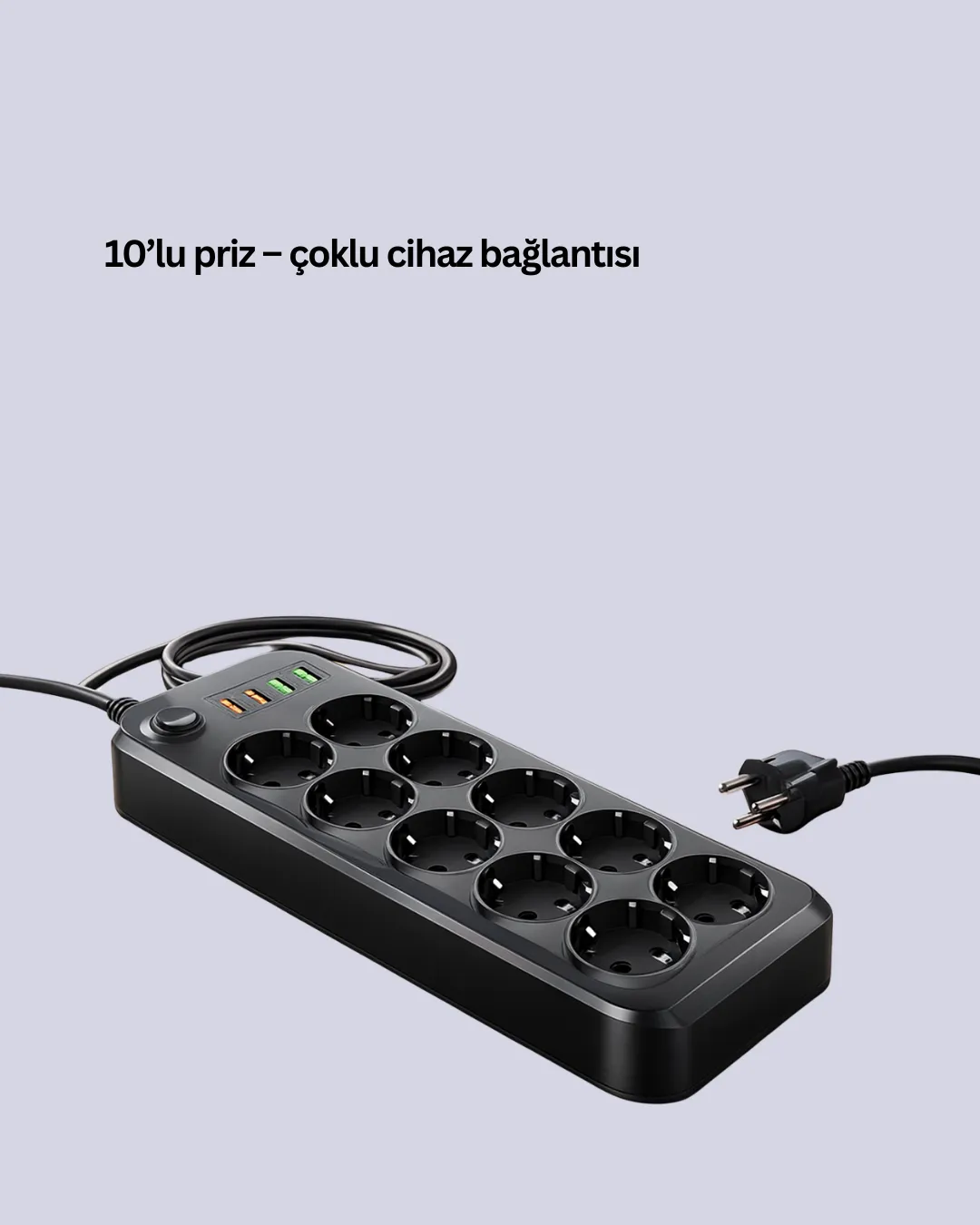 10’lu Çoklu Priz Termal Korumalı USB Type-C Çıkışlı 2500W Uzatma Kablosu