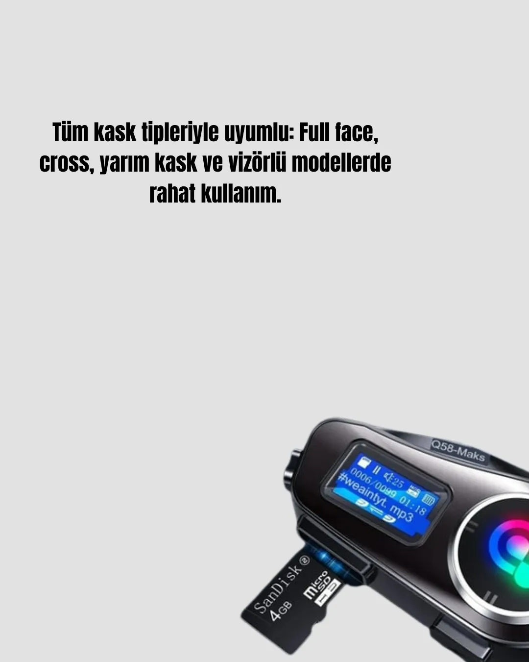 LCD Ekranlı Bluetooth Kask Kulaklığı FM Radyo ve SD Kart Girişli