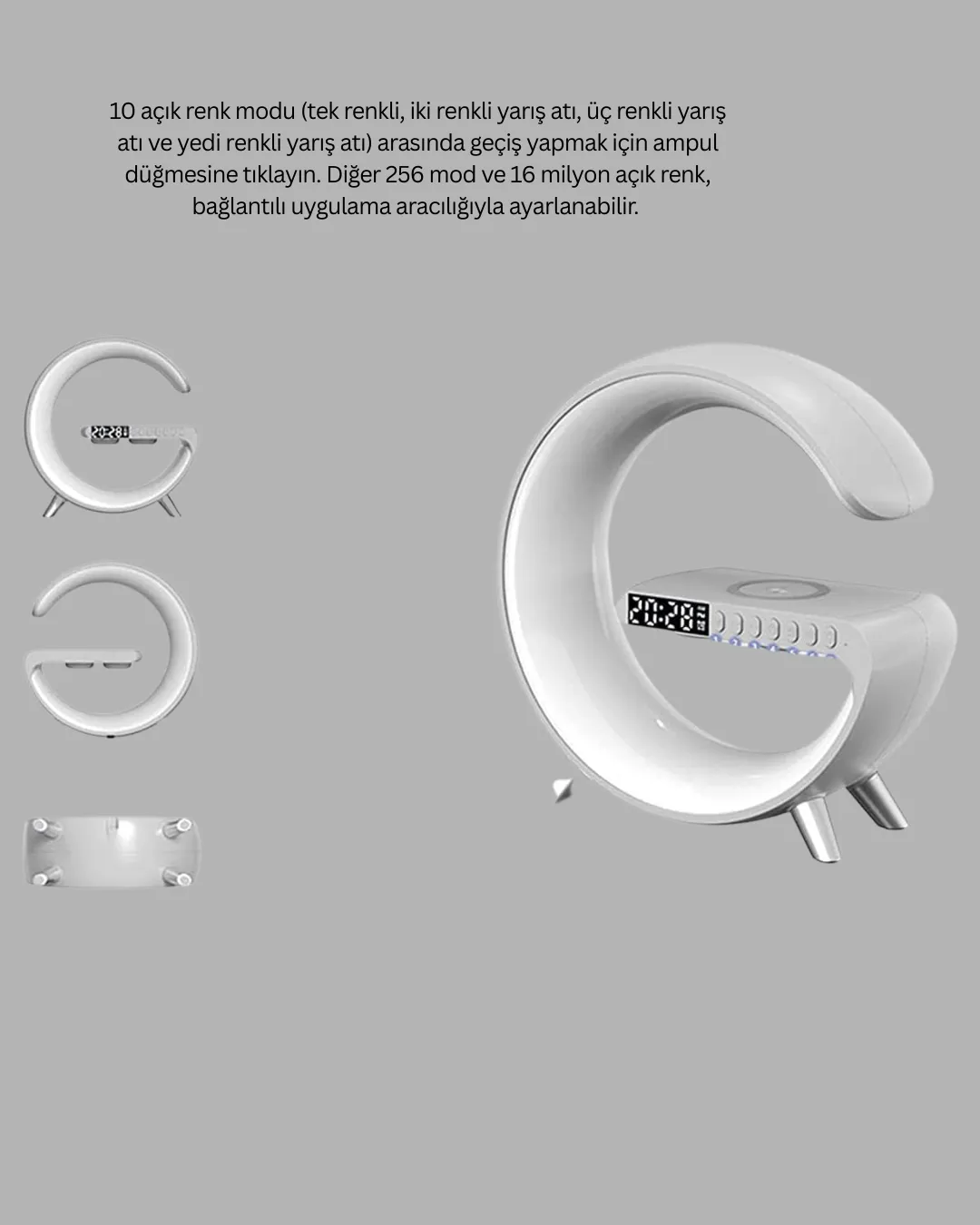 Bluetooth Hoparlörlü RGB Atmosfer Lambası Kablosuz Şarj ve Saat Özellikli