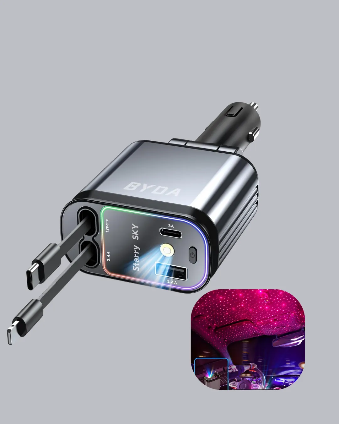 Araç Şarj Cihazı 4 Portlu 66W Hızlı Şarjlı LED Işıklı ve 180° Dönebilir