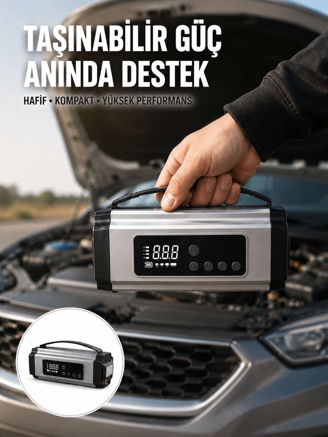 Dijital Göstergeli Akü Takviye Cihazı Lastik Şişirme Powerbank ve LED Işık Özellikli