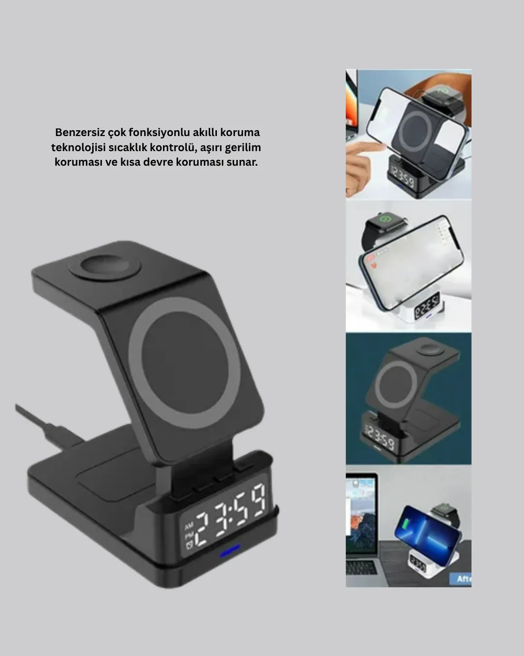 Kablosuz Şarj İstasyonu ve Dijital Saat – Apple Uyumlu, 3 Kademeli Işık Ayarı