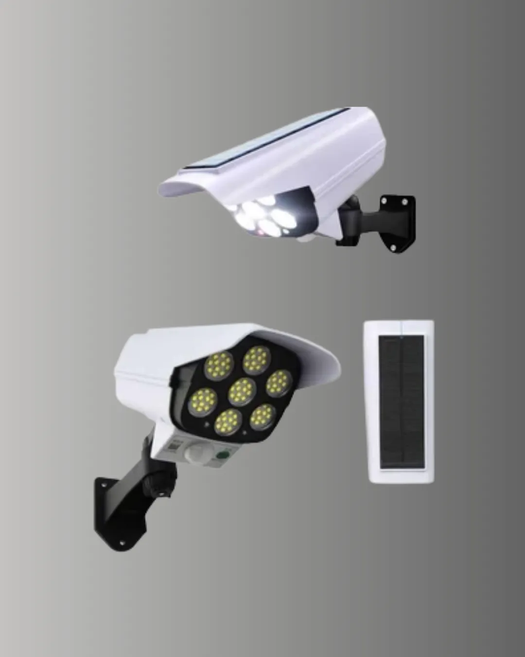 Güneş Enerjili LED Lamba + Güvenlik Kamerası Görünümlü– 5-8 m Hareket Algılamalı, Beyaz Işık