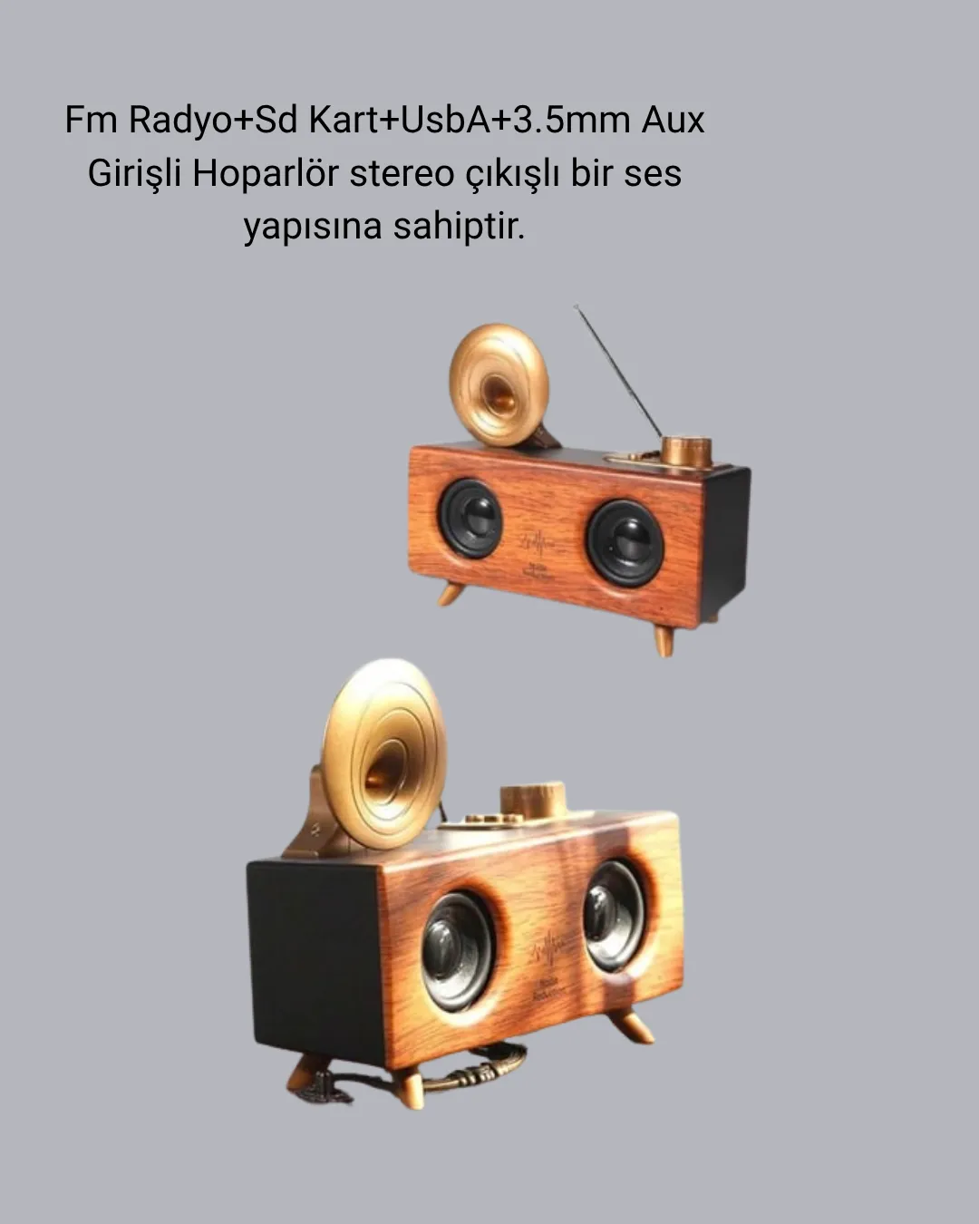 Retro Gramafon Bluetooth Hoparlör Çift Stereo Sesli FM Radyo Destekli