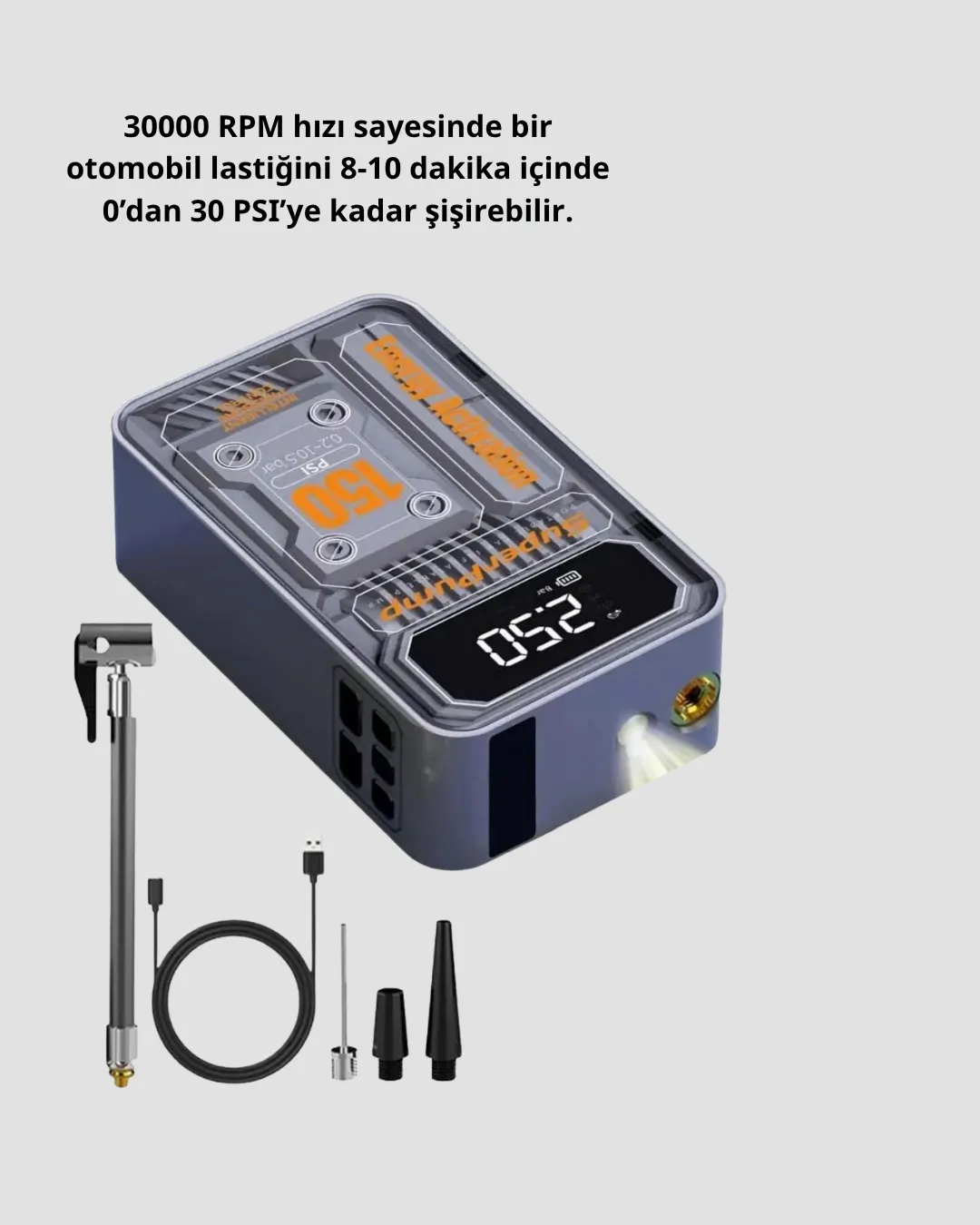 Taşınabilir Kablosuz Hava Pompası – 150 PSI Güçlü Basınç ve 6000mAh Şarjlı