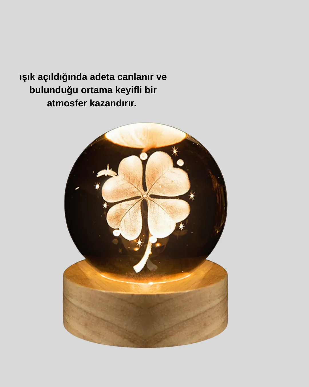 Yonca Figürlü Cam Küre USB Işıklı Ahşap Tabanlı Dekoratif Masa Lambası