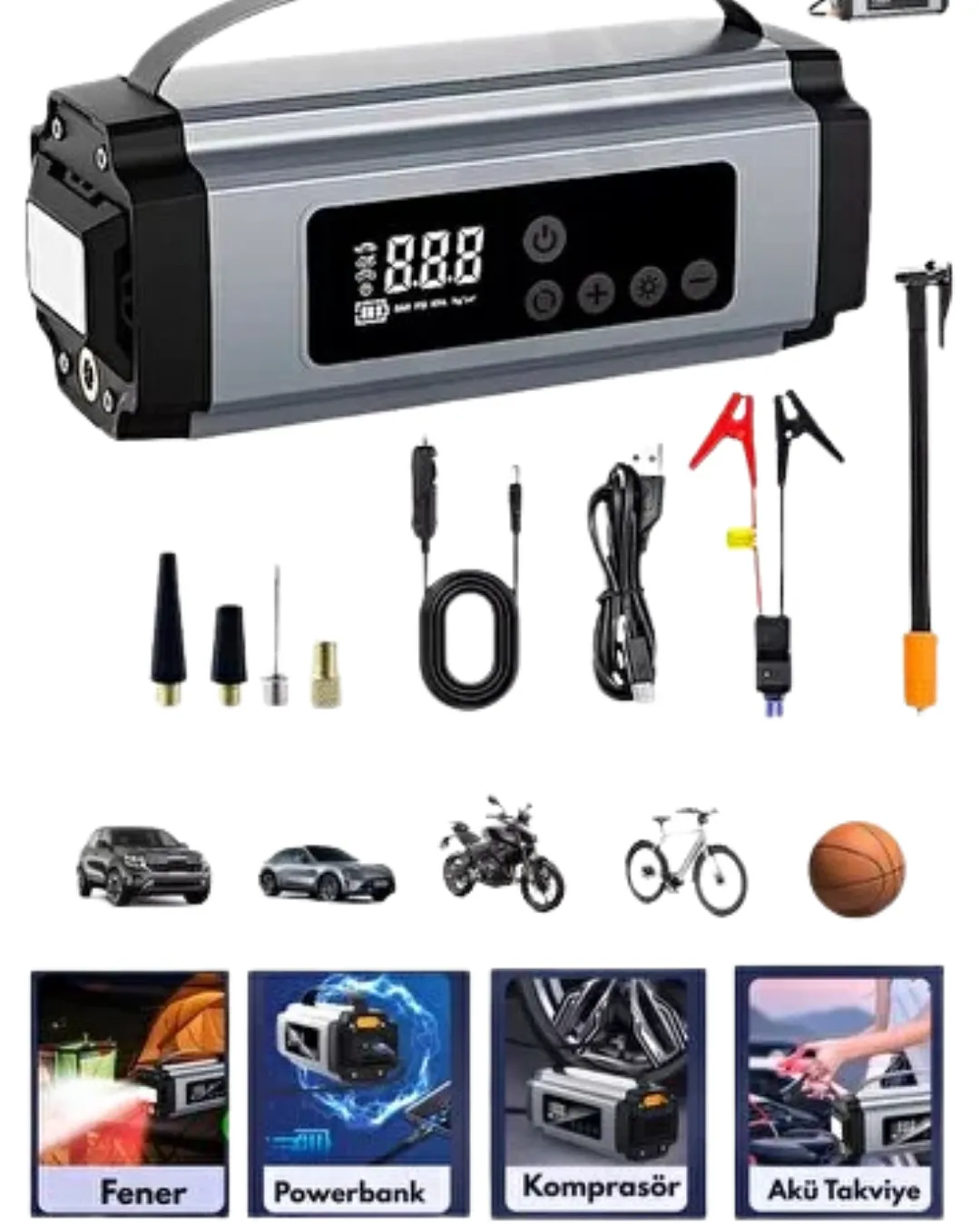 Dijital Göstergeli Akü Takviye Cihazı Lastik Şişirme Powerbank ve LED Işık Özellikli