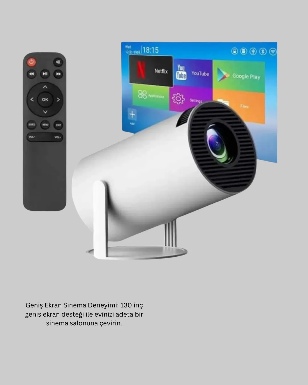 4K Destekli Full HD Projeksiyon Cihazı – 130 inç Geniş Ekran, WiFi ve HDMI Bağlantılı