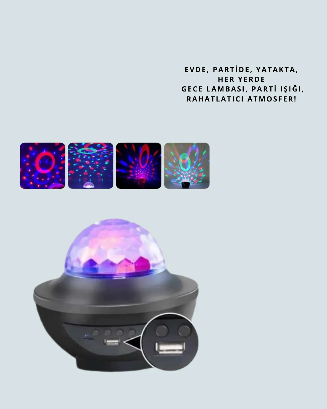Sesle Etkileşimli Yıldız Projektörlü Gece Lambası – Bluetooth Hoparlörlü, USB Girişli, Dönen Okyanus