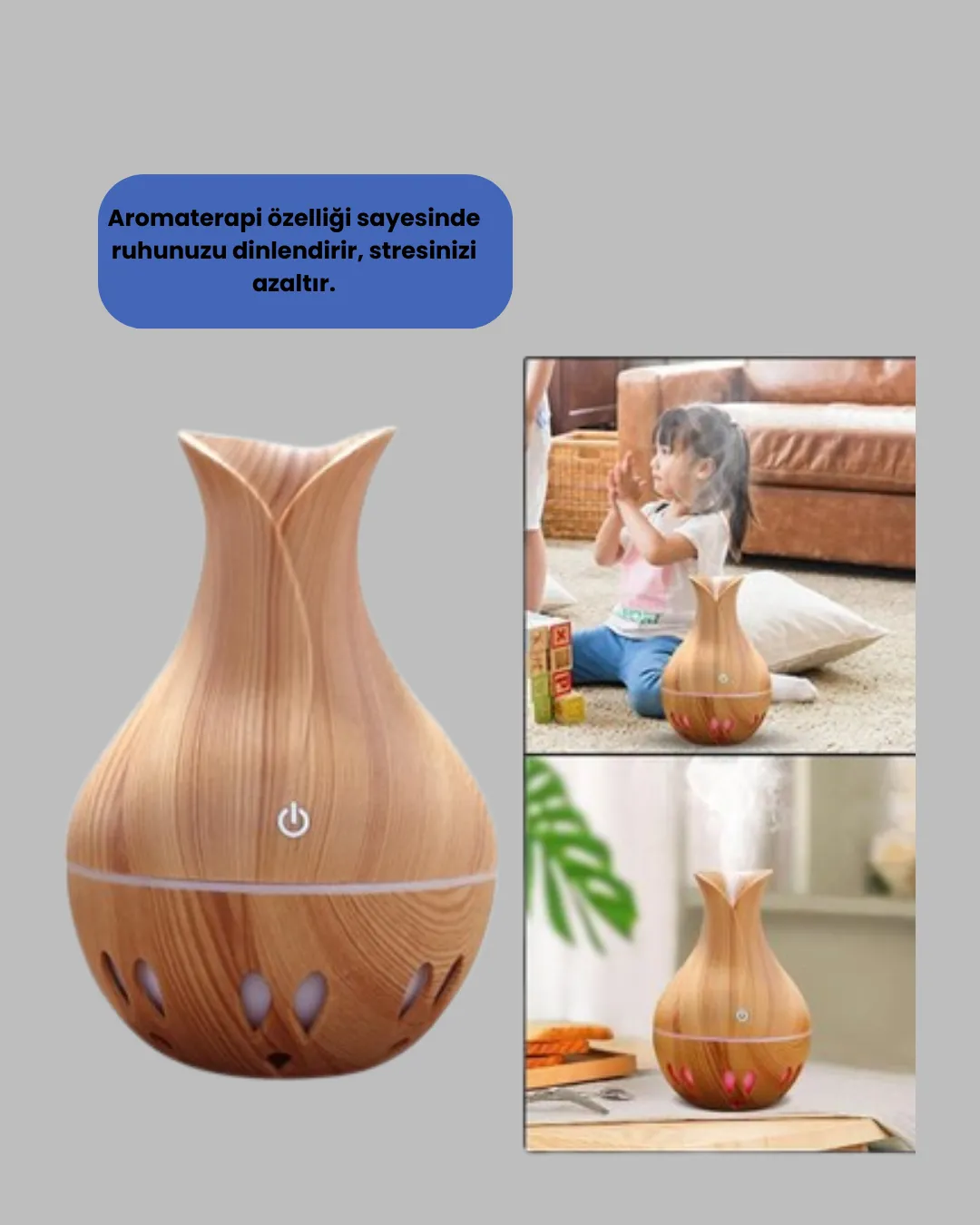 Ultrasonik Ahşap Desenli 130ml Aromaterapi Difüzör ve Hava Nemlendirici