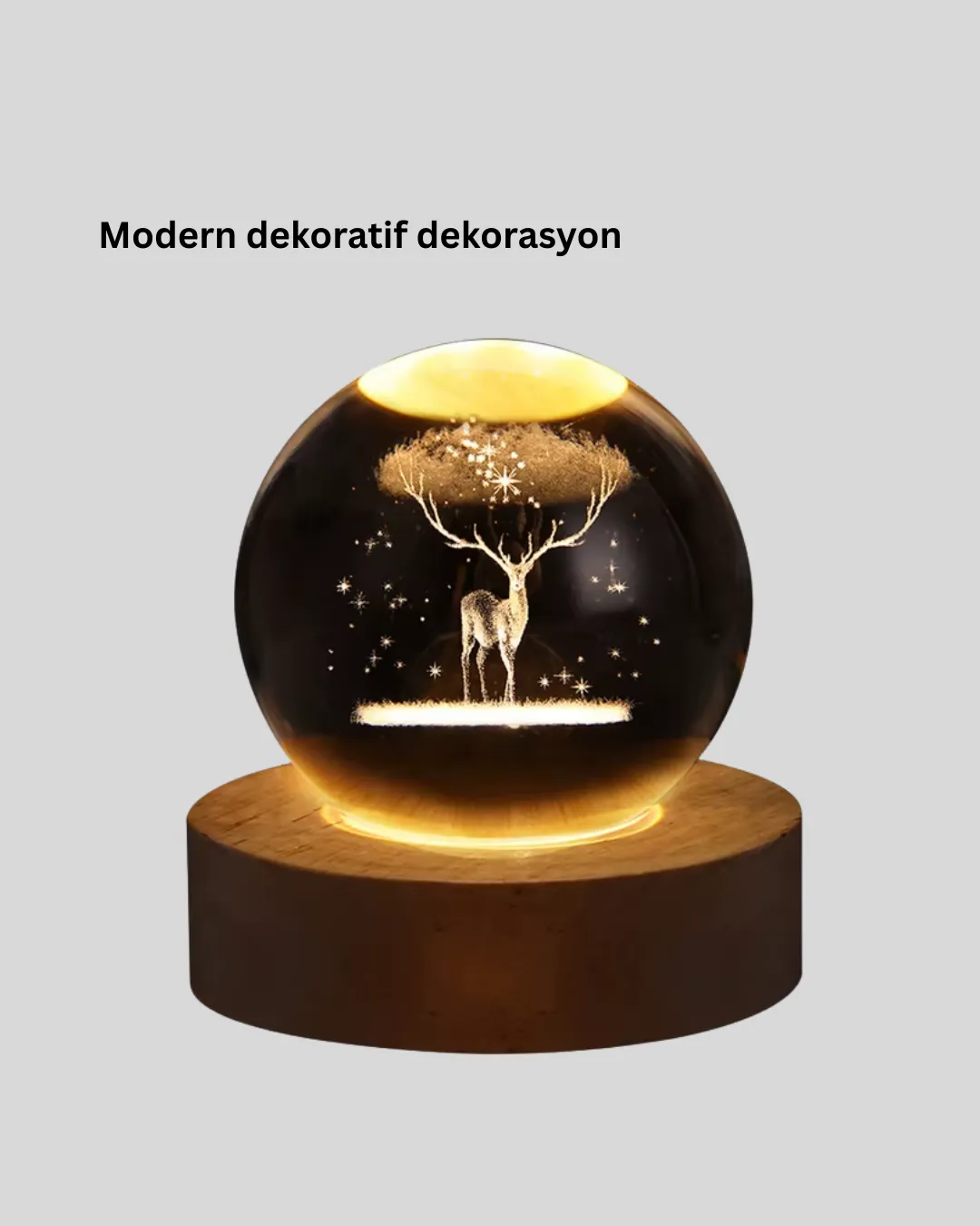 3D Geyik Desenli Kristal Küre USB Işıklı Ahşap Tabanlı Oda Lambası