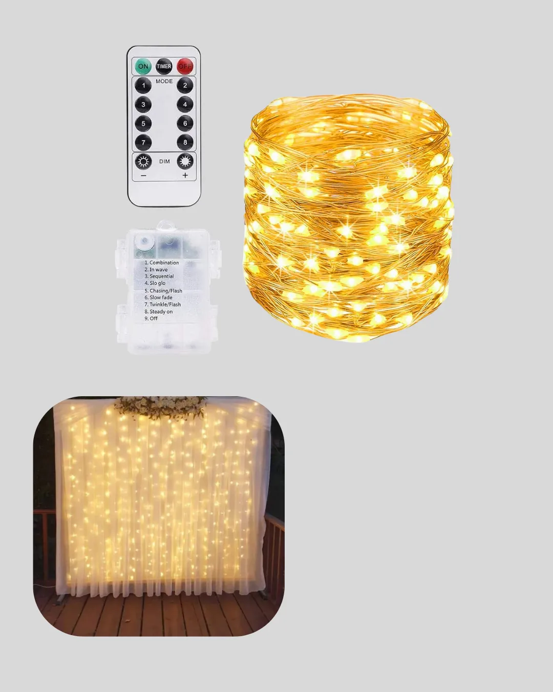 Dekoratif Perde Peri Led Günışığı Renk 8 Fonksiyonlu Işık