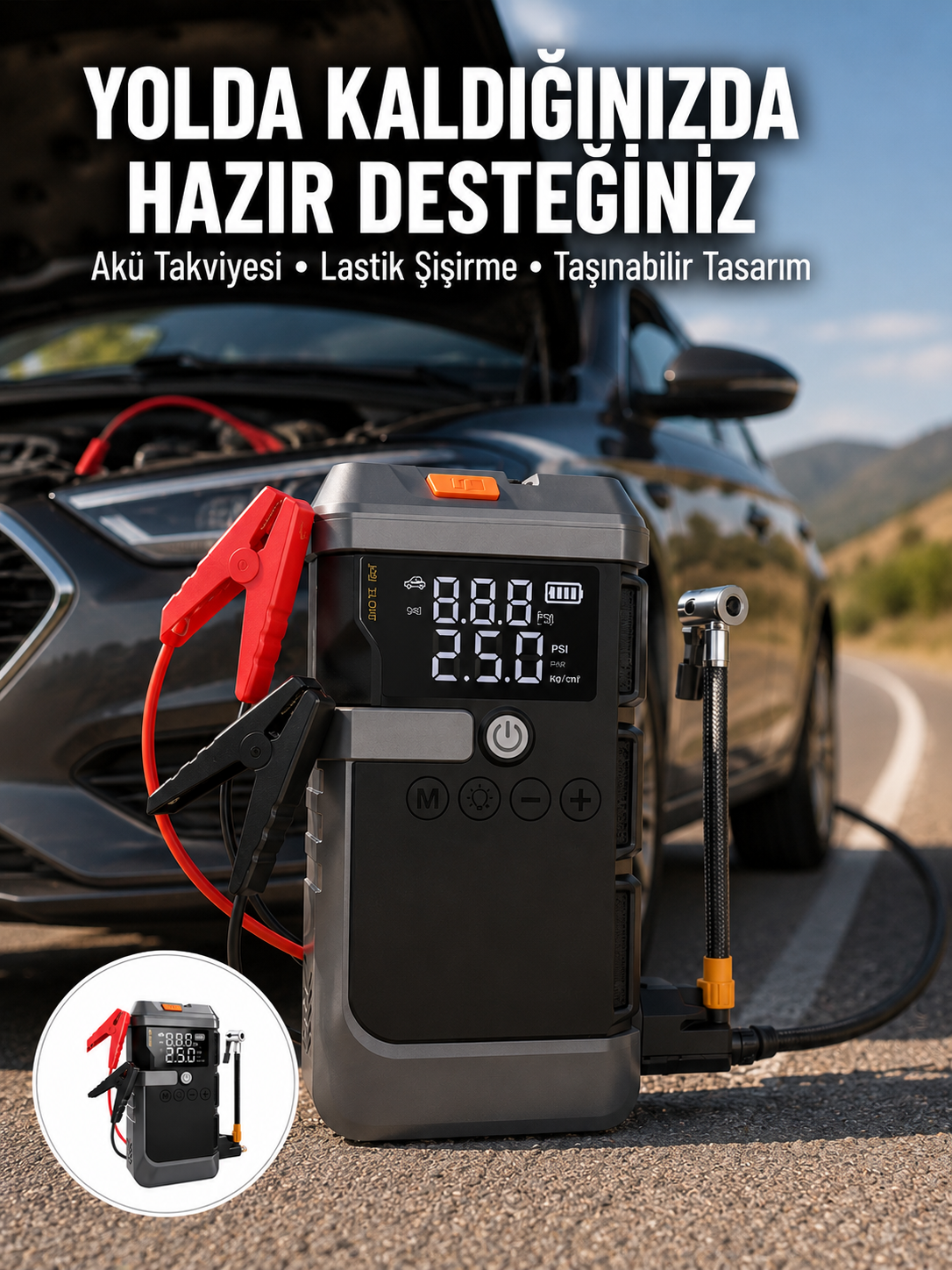 Işıklı Hava Kompresörlü Taşınabilir Akü Takviye Ünitesi