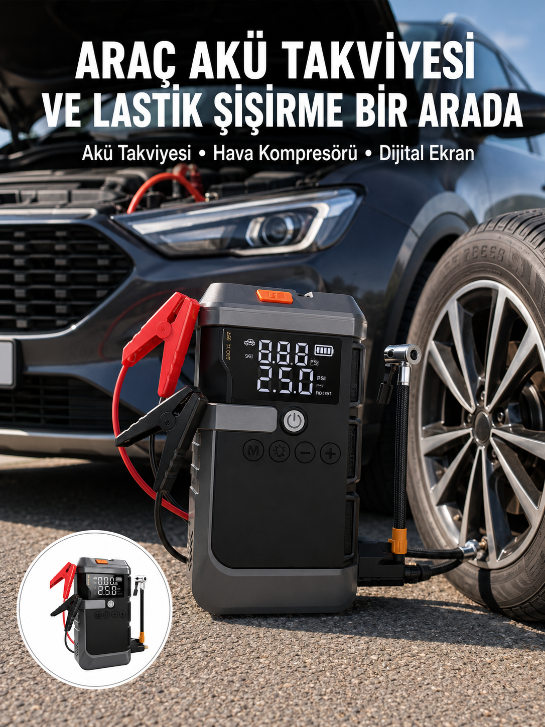 Araç İçin 4 Fonksiyonlu Akü Takviye ve Lastik Şişirme Cihazı