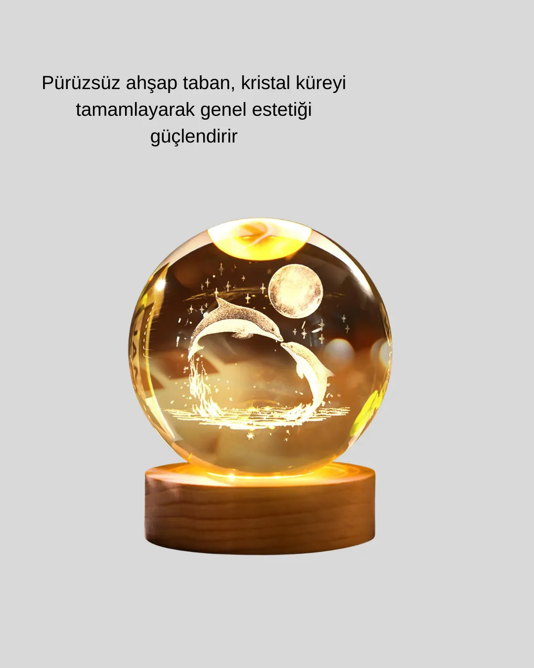 Lazer İşlemeli Yunus Kristal Küre Sıcak Işıklı Ahşap Standlı