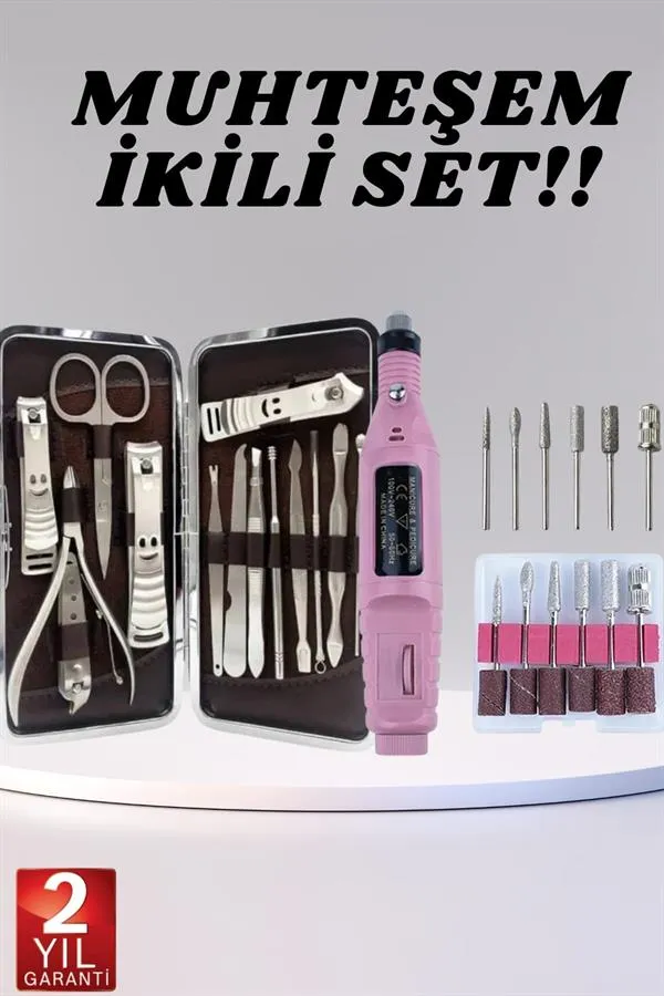 Elektrikli Manikür Pedikür Seti İkili Set 12 Parça Tırnak Bakımı Törpü Protez Çıkarma