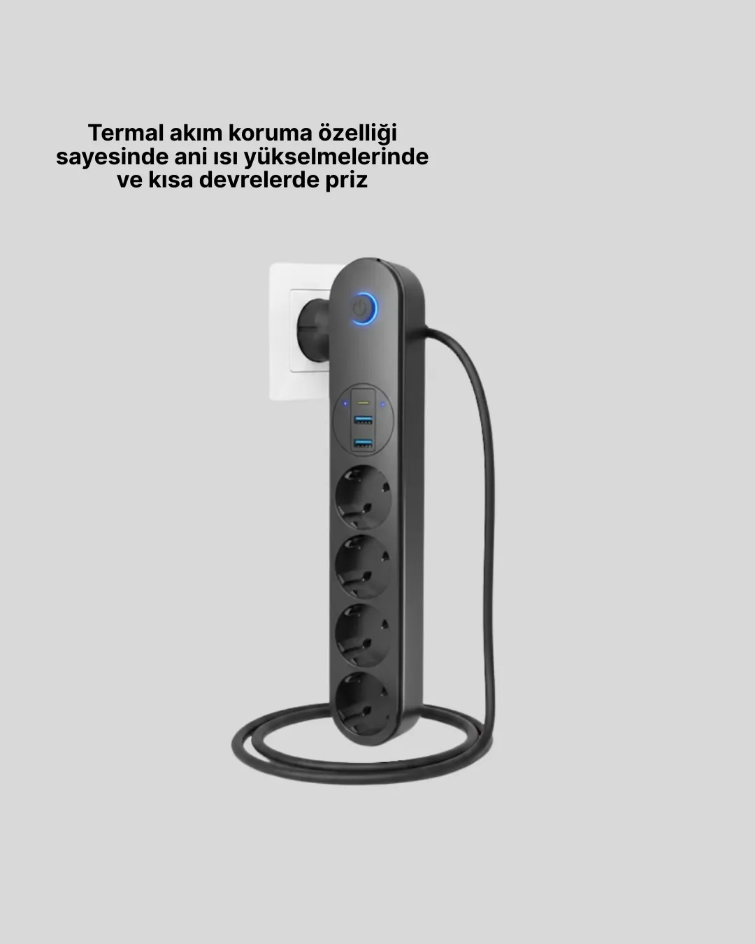 4 Priz 2 USB 1 Type-C Akım Korumalı Çoklu Priz Led Anahtarlı