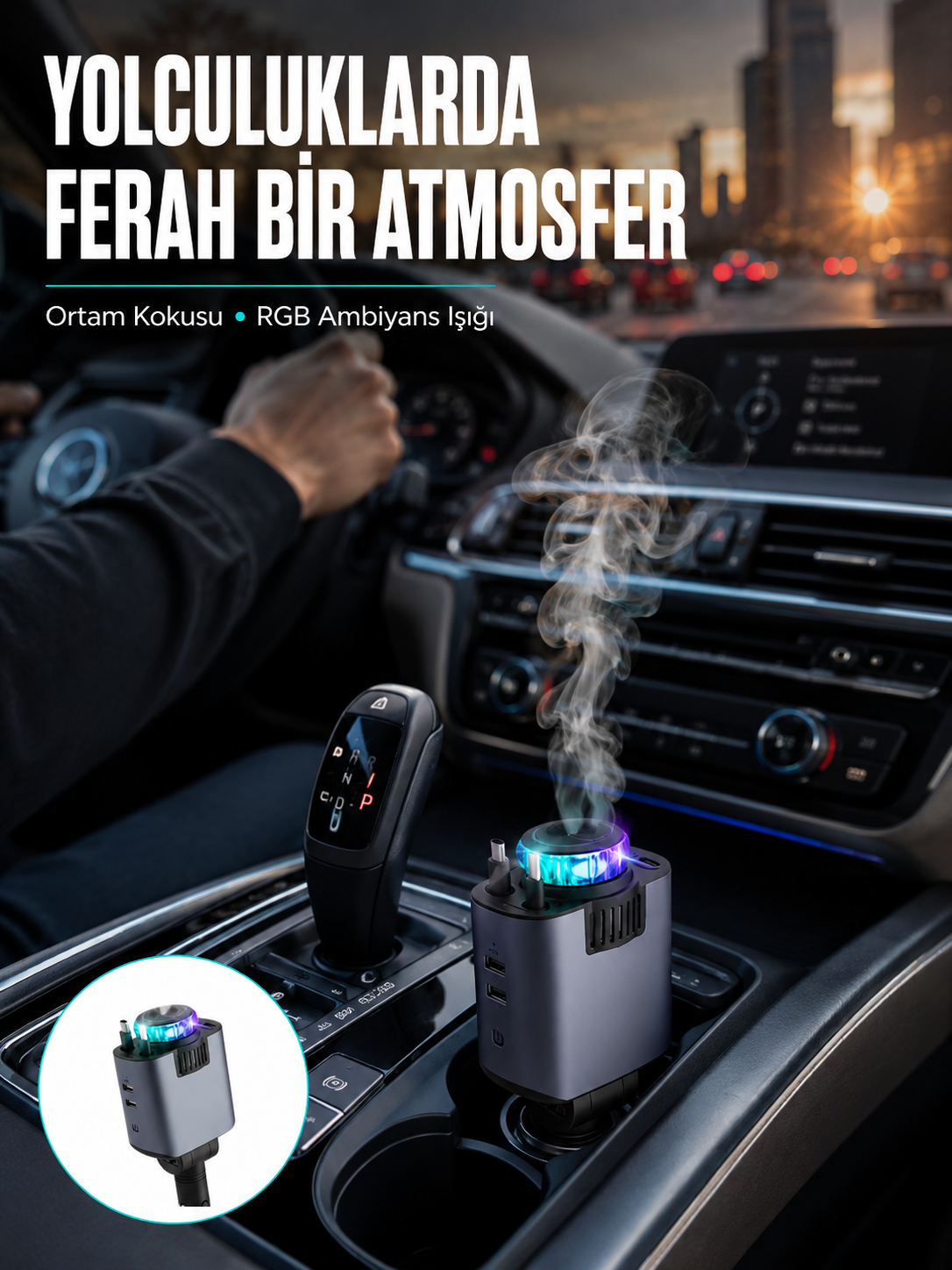 Araç İçi Çok Fonksiyonlu Şarj Cihazı Hava Nemlendirici Aroma ve Yıldız Işık