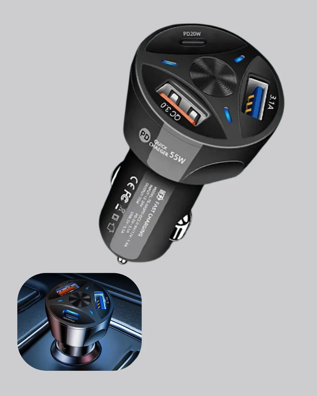 55W Hızlı Şarj Araç Çakmaklık Adaptörü QC 3.0 PD