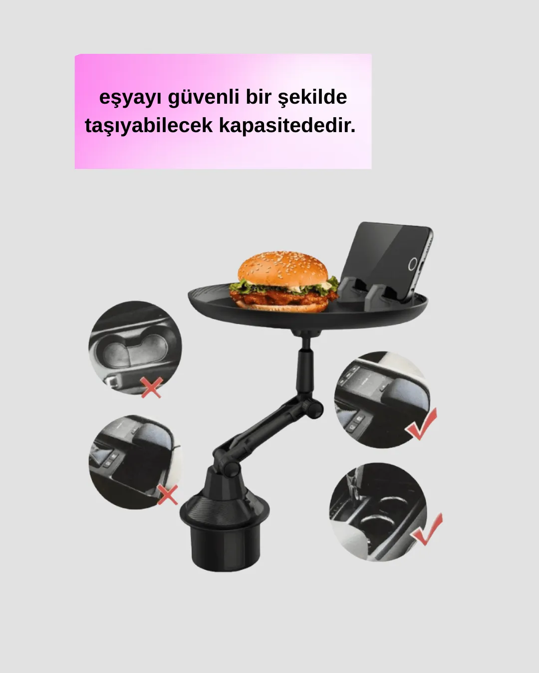 360° Döner Araç Bardaklık Tepsisi Geniş Yemek Alanlı Telefon Standlı