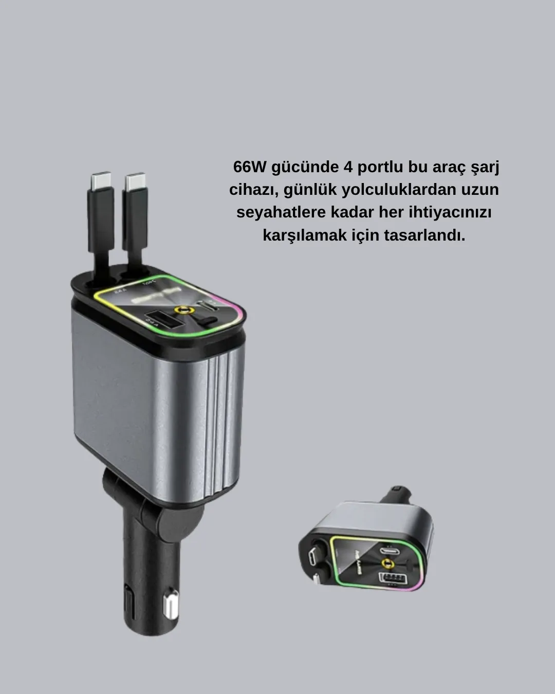 Araç Şarj Cihazı 66W 4 Portlu Hızlı Şarj ve LED Işıklı