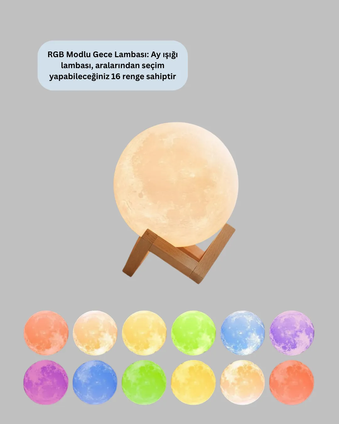16 Renkli 3D Baskılı Ay Lambası Ahşap Standlı