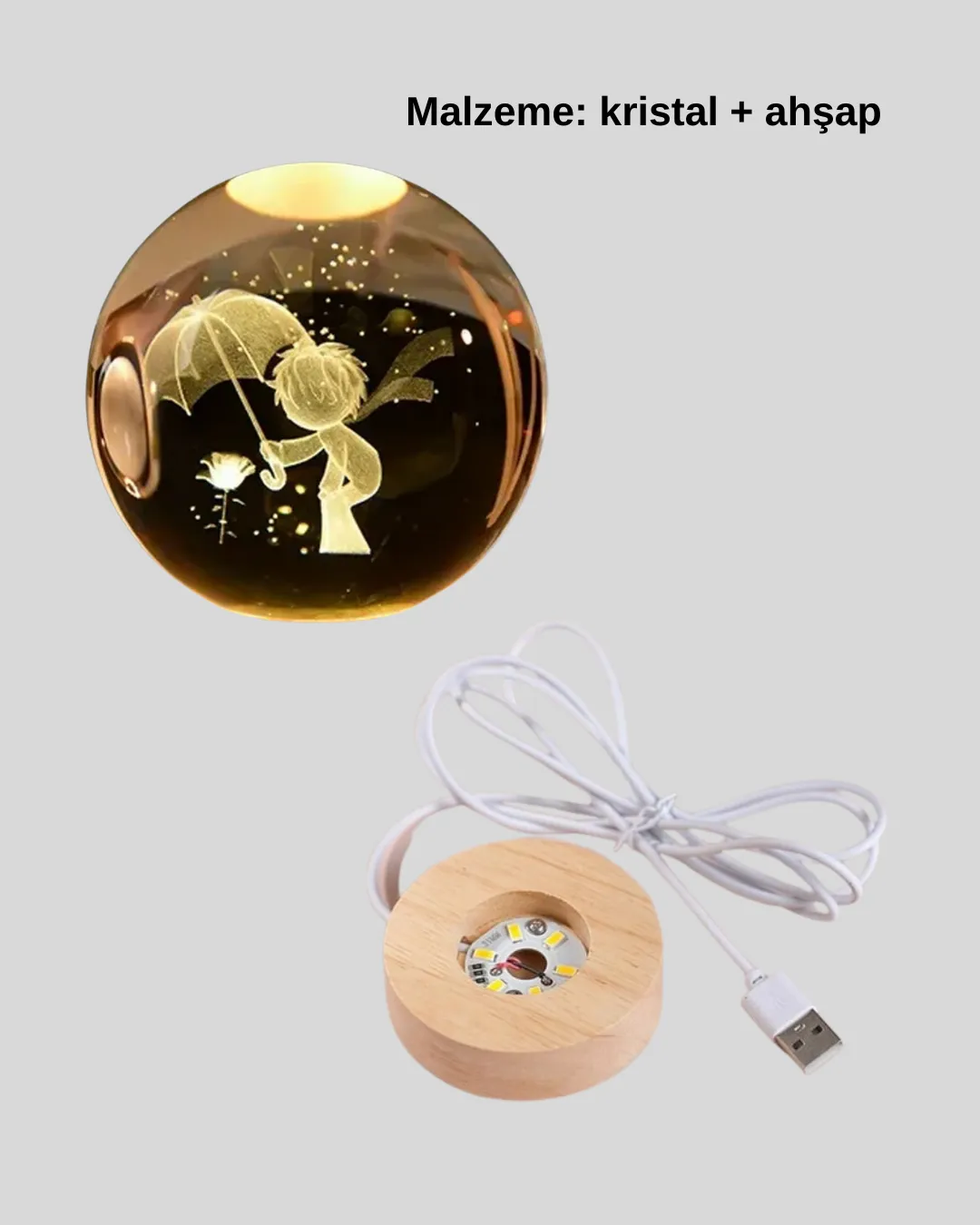 8 cm Küçük Prens 3D Kristal Küre USB Işıklı Ahşap Altlıklı Dekoratif Lamba