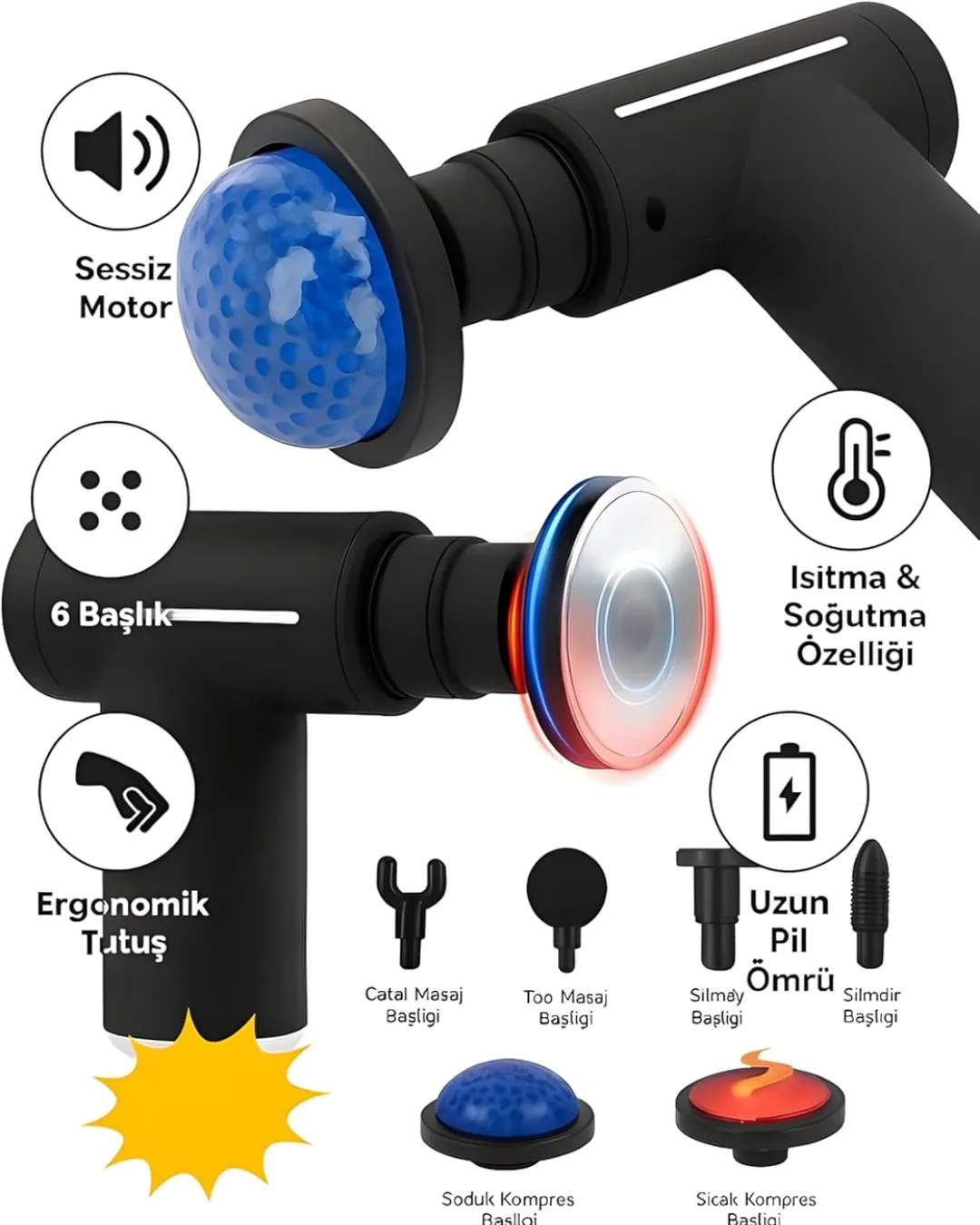 Isıtmalı Soğutmalı Masaj Tabancası 3200 RPM Sessiz Motor USB C Şarjlı