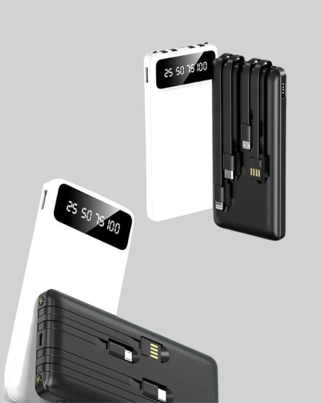 LED Işıklı 20.000mAh Powerbank LCD Gösterge Dahili Çoklu Kablo