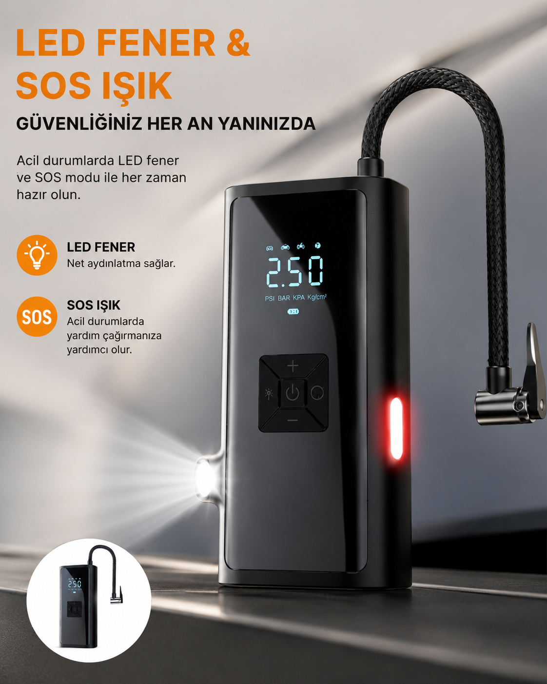 LED Fenerli ve SOS Işıklı Çok Fonksiyonlu Hava Kompresörü